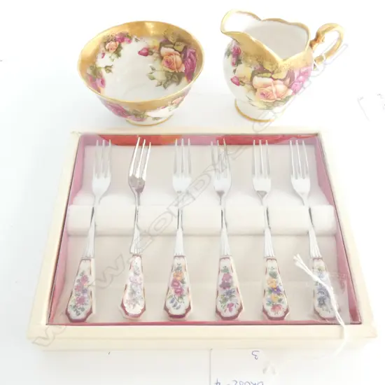 ROYAL CHELSEA  HEAVY GOLD GILDED GOLDEN ROSE JUG & SUGAR BOWL + BOXED SET CAKE FORKS