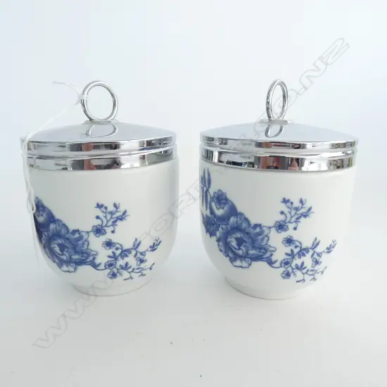 ROYAL WORCESTER PR LG BLUE & WHITE RHAPSODY EGG CODDLERS  H. 120MM
