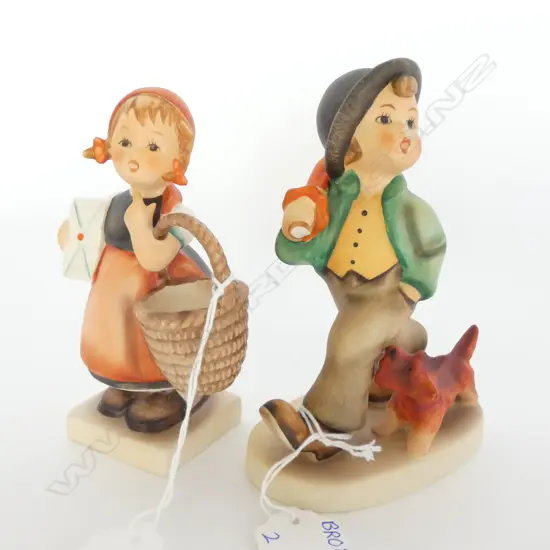 PR HUMMEL FIGURINES - BOY WITH DOG AF & GIRL WITH BASKET & LETTER H. 125MM