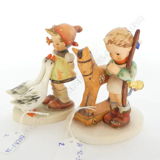 PR HUMMEL FIGURINES; #20 & 47 (GIRL W. TOY HORSE & GIRL WITH GEESE) H. 105MM