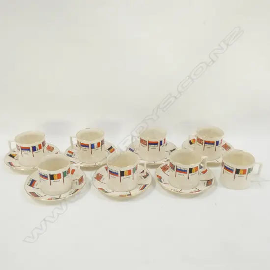 W.H. GOSS CHINA DEMI-TASSE 8 CUPS & 7 SAUCERS DECORATED w FLAGS OF WWI ALLIES