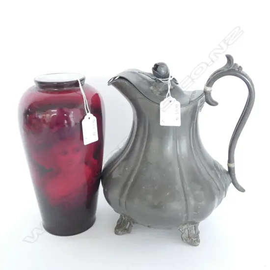 JAMES DIXON PEWTER WATER JUG & 'GRANADINA' EDWARDIAN PORTRAIT VASE. H.215mm