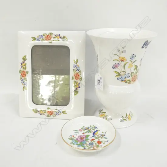 3 PCES AYNSLEY 'PEMBROKE' CHINA; VASE H. 200MM, PHOTO FRAME, PIN DISH