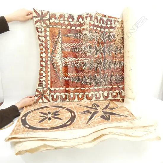 5 TAPA CLOTH SAMOA AND TONGA ALL DAMAGED. LARGEST SAMOAN SIAPO 1040 X 1400mm. FOR RESTORATION OR CRAFT USE.