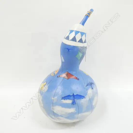 GOURD PAINTED WITH KITES. SIGNED ‘JAG 2009’.