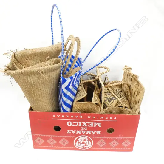 BOX LOT PACIFIC ISLAND BASKETS AND A DAMAGED WHĀRIKI MAT .