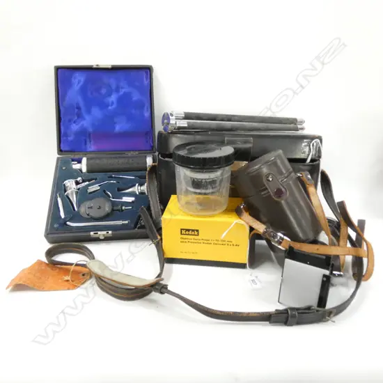 ASST PHOTOGRAPHIC EQUIPTMENT; NIKKOR, PANAGOR, KODAK ETC + OPHTHALMOSCOPE