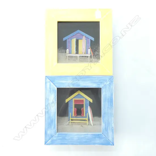 PAIR FRAMED 3D BEACH HOUSES WITH SAND 285MM