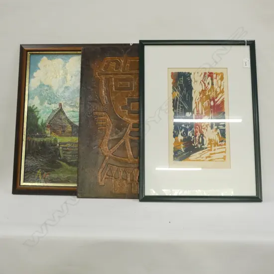 3 ARTWORKS; F. C. ADAMS COUNTRYSIDE OIL, J. HORNER VENICE WOODCUT 325 X 185MM, BEATEN COPPER MAYAN PANEL 