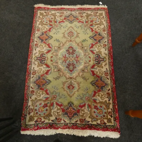 SM HAND KNOTTED PERSIAN TABA TABRIZ WOOL PILE RED & GREEN RUG  = 1340 X 870MM