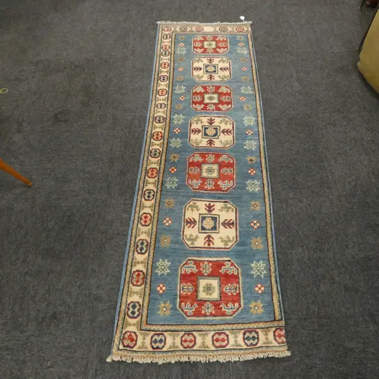 HAND KNOTTED WOOL PILE  AFGHAN KAZAK BLUE & RED RUNNER RUG - 1940 X 600MM