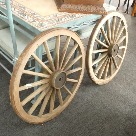 PAIR OLD WAGON WHEELS OAK AND BRONZE WITH IRON RIMS - DIA. 750MM