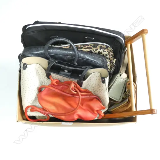 BOX LOT ASST. BAGS + CHILDS WOODEN CART ETC