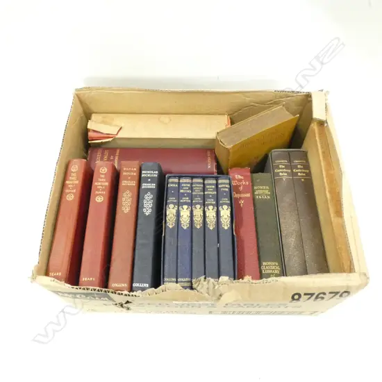 BOX LOT OLD HARD COVER BOOKS INCL. DICKENS / JANE AUSTEN ETC.
