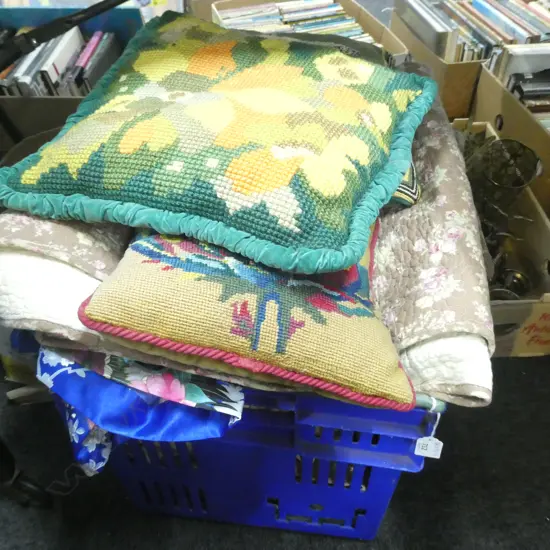 BOX LOT ASST. CURTAINS, QUILT, 3 CUSHIONS 