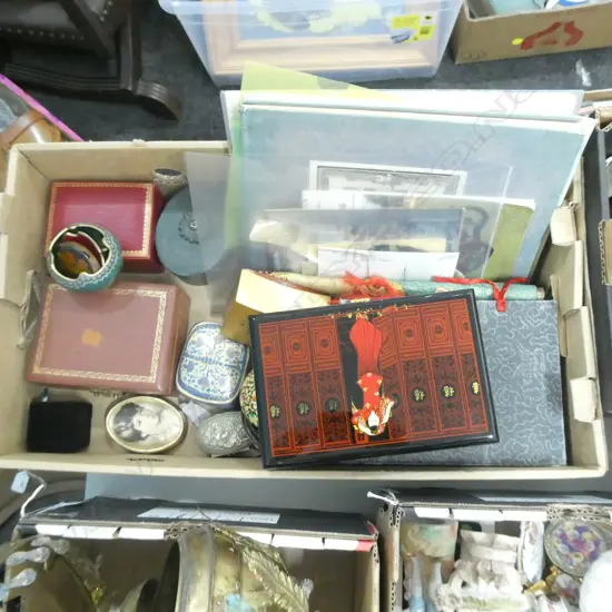 BOX LOT ASST. ORIENTAL ITEMS; LACQUER BOXES, ETCHINGS ETC