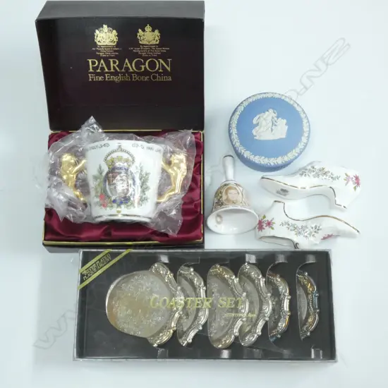 SM BOX ASSORTED COLLECTABLES + BOX SILVER PLATE COASTERS