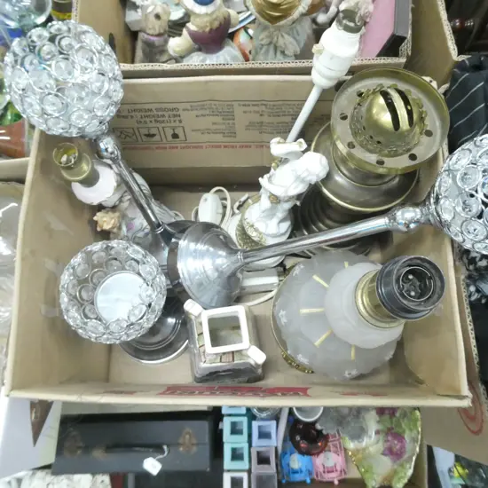 BOX LOT ASST. LAMPS, CANDLEHOLDERS ETC