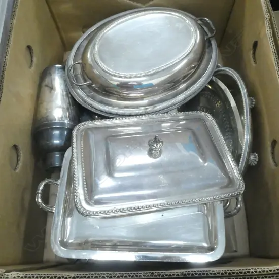 BOX LOT ASST. EP CHAFFING DISHES ETC