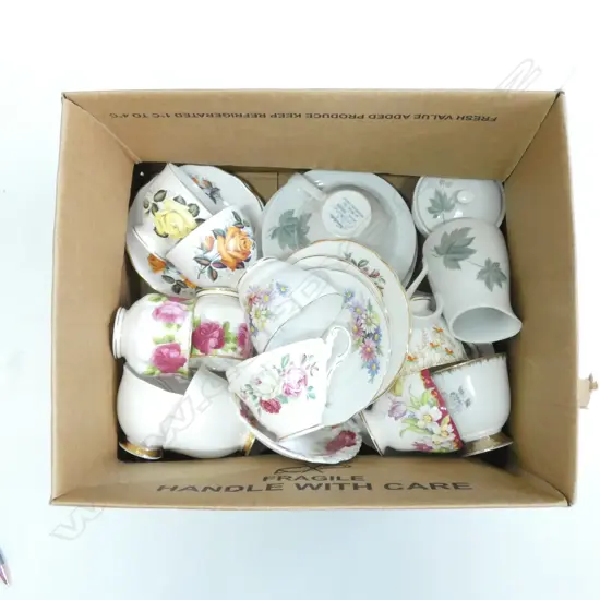 BOX LOT ASST. TEA CUPS & SAUCERS 