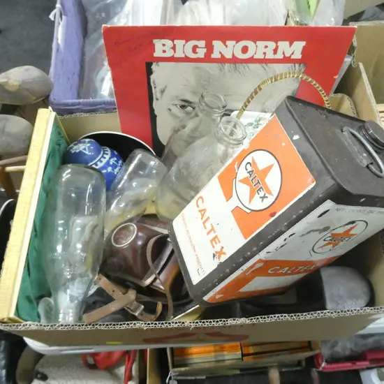 BOX LOT CALTEX TIN, MILK BOTTLES ETC