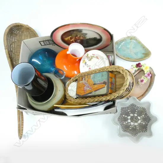 BOX LOT CARLTONWARE, ASST. ART GLASS, CERAMICS ETC