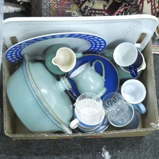 BOX LOT DENBY, CORNISHWARE ETC