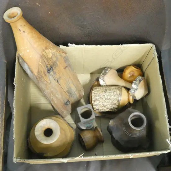 BOX LOT ASST. TURNED WOODEN VASES 