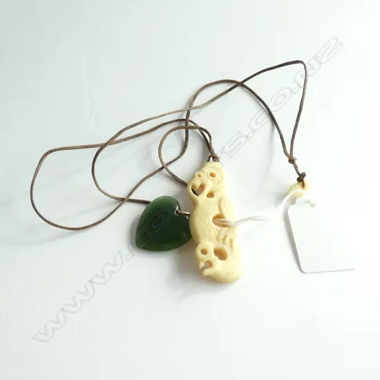 GREENSTONE HEART PENDANT + MAORI BONE CARVING