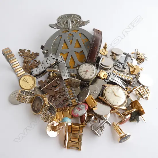7 PRS ASST. CUFFLINKS + ASST. WATCHES, BADGES ETC