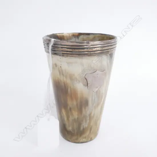 SILVER MOUNTED HORN BEAKER /. MARKS RUBBED 