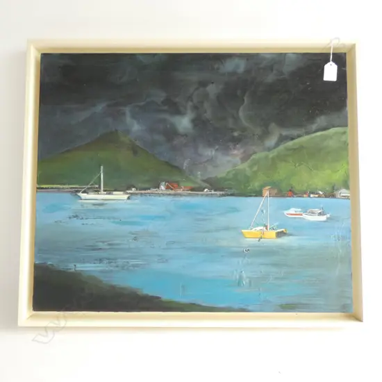 KEREN COOK OIL ON BOARD "HARBOUR AND NIGHT SKY LANDSCAPE"....
