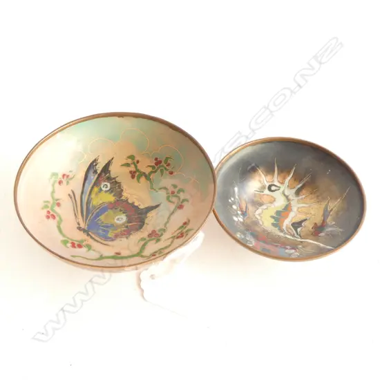 2 ENAMELLED HANDPAINTED COPPER DISHES; BUTTERFLY & SEAHORSE 10mm dia