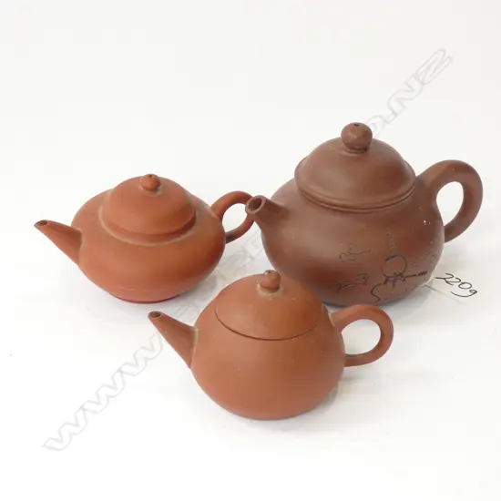 3 YIXINGWARE TEAPOTS 90mm dia
