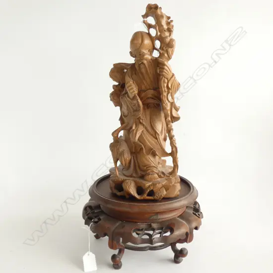 CHINESE CARVED WOODEN SAGE FIGURE ON STAND H.500mm