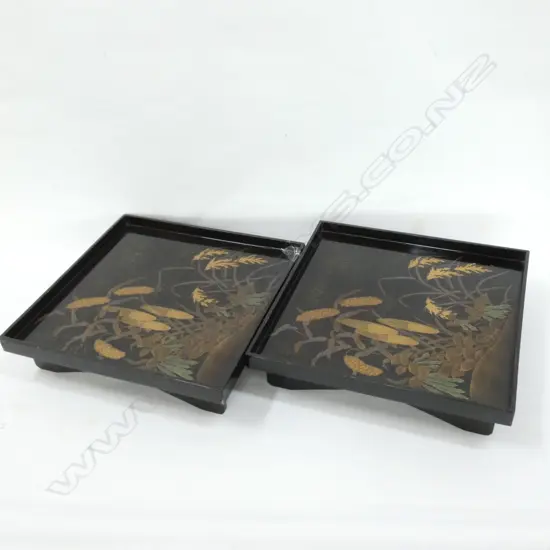 PR EDO PERIOD JAPANESE LACQUERED CEDAR TRAYS - HAND APPLIED MAKI-E PAINTINGS IN GOLD