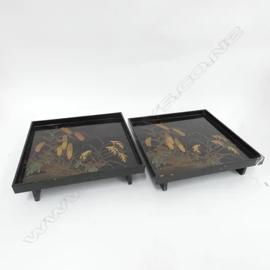 PR EDO PERIOD JAPANESE LACQUERED CEDAR TRAYS - HAND APPLIED MAKI-E PAINTINGS IN GOLD