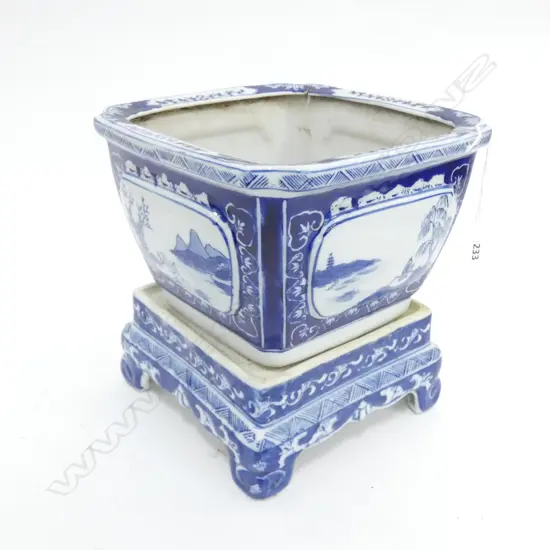 CHINESE BLUE AND WHITE FLOWER POT ON STAND H220 MM