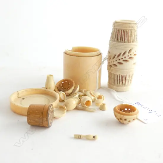 2 IVORY SEWING CONTAINERS + MINIATURE CONTENTS