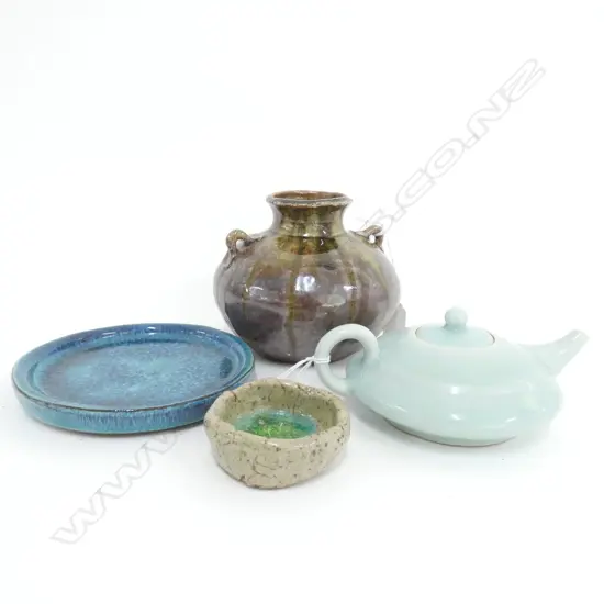 MING STYLE VASE, BLUE PLATE, CELADON TEA POT & CUP