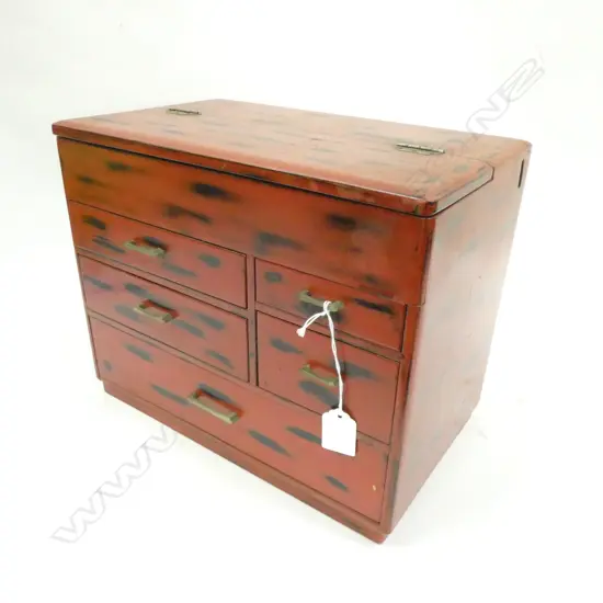 VINTAGE JAPANESE ‘HARI-BAKO’ SEWING BOX - RED & BLACK LACQUER - TOP HINGED TRAY & 5 DRAWERS 320 X 200 X 260MM