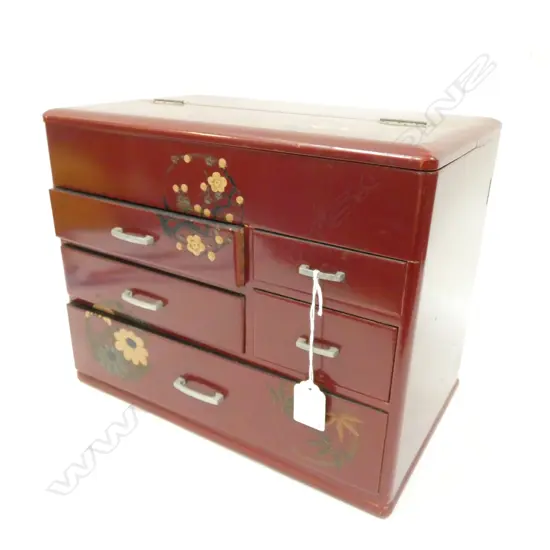 VINTAGE JAPANESE RED LACQUER ‘HARI-BAKO’ SEWING BOX - TOP HINGED TRAY & 5 DRAWERS 320 X 200 X 260MM