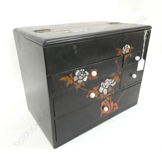 VINTAGE JAPANESE ‘HARI-BAKO’ SEWING BOX - BLACK LACQUER - WHITE CERAMIC HANDLES & MOP DESIGN  ....