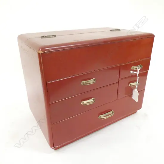 VINTAGE JAPANESE ‘HARI-BAKO’ SEWING BOX - RED LACQUER - TOP HINGED TRAY & 5 DRAWERS 320 X 200 X 260MM