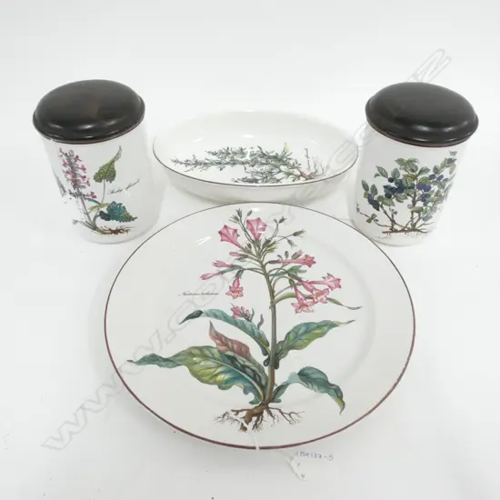 4 PCES VILLEROY & BOCH BOTANICA - LG PLATTER (DIA 315MM) OVAL DISH & 2 CANISTERS W. WOODEN LIDS. H. 160MM