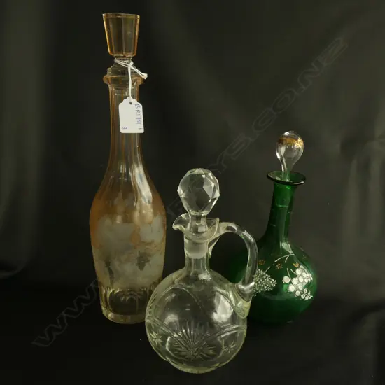 3 VICTORIAN DECANTERS; ETCHED GRAPES, CRYSTAL & GREEN GLASS H.340, 230, 220mm