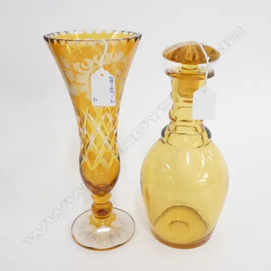 TWO VICT. AMBER GLASS DECANTER AND ETCHED GLASS VASE 