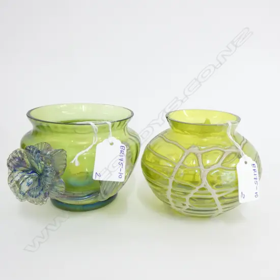 2X IRIDESCENT GREEN VASES A/F