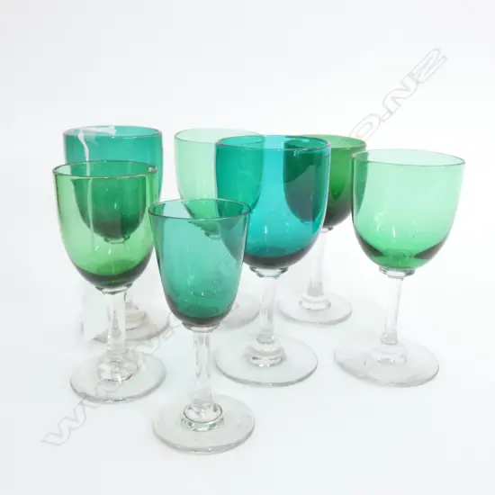 7 VINTAGE COLORED GREEN GLASSES