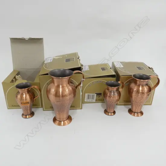 SET 4 SKS DUTCH COPPER JUGS - IN ORIGINAL BOXES; LARGEST H. 180MM